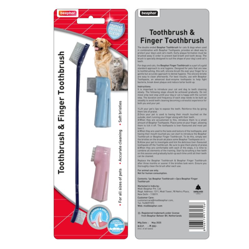 Beaphar Pet Toothbrush Finger Toothbrush – (Dual Headed Brush For He