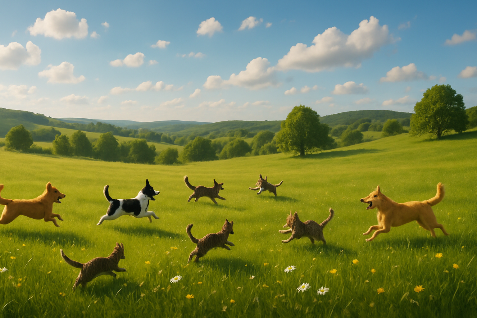 Happy Dog and cats playing in fields distant view