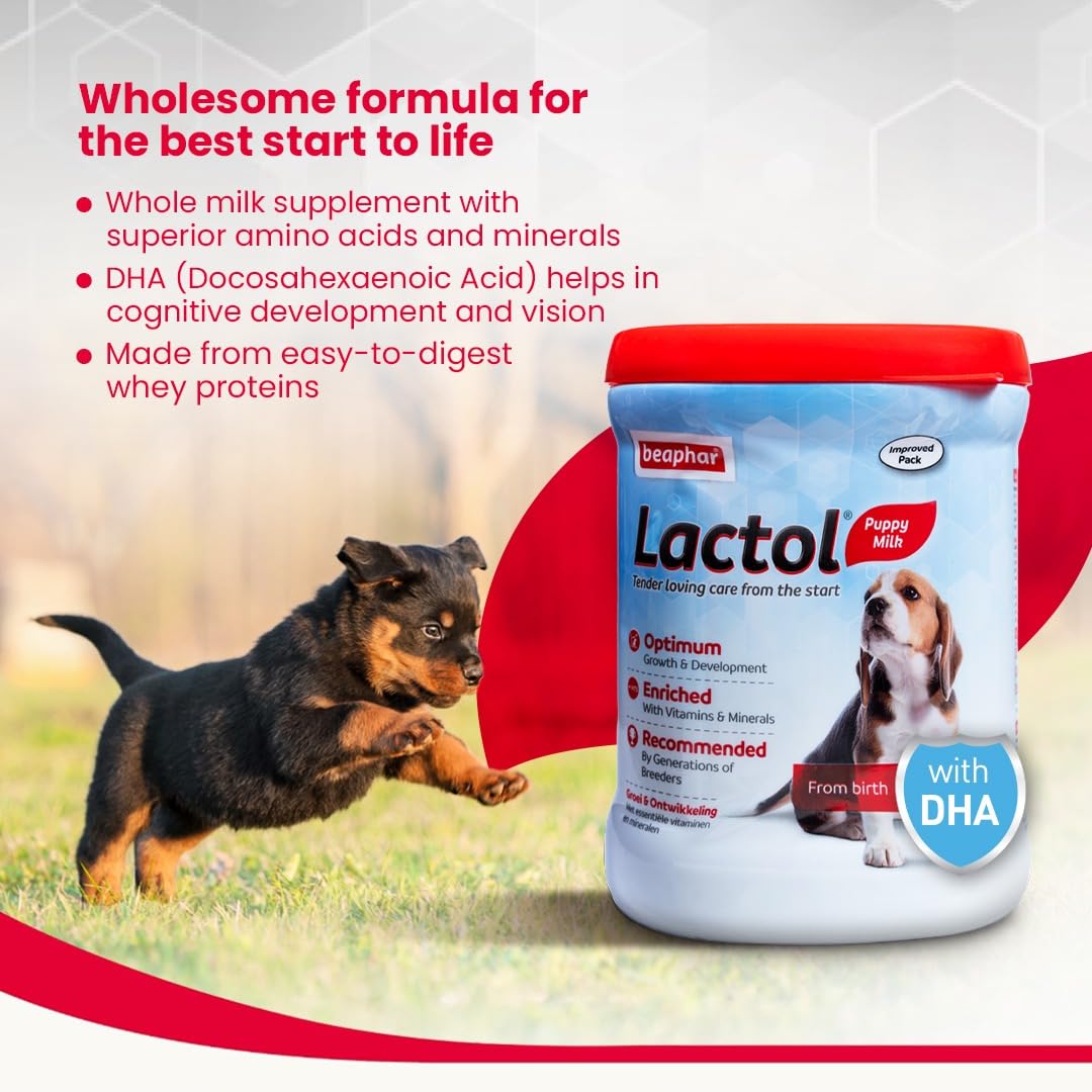 Lactol Puppy Milk supplement for dogs with a puppy and text about its benefits on a white background.