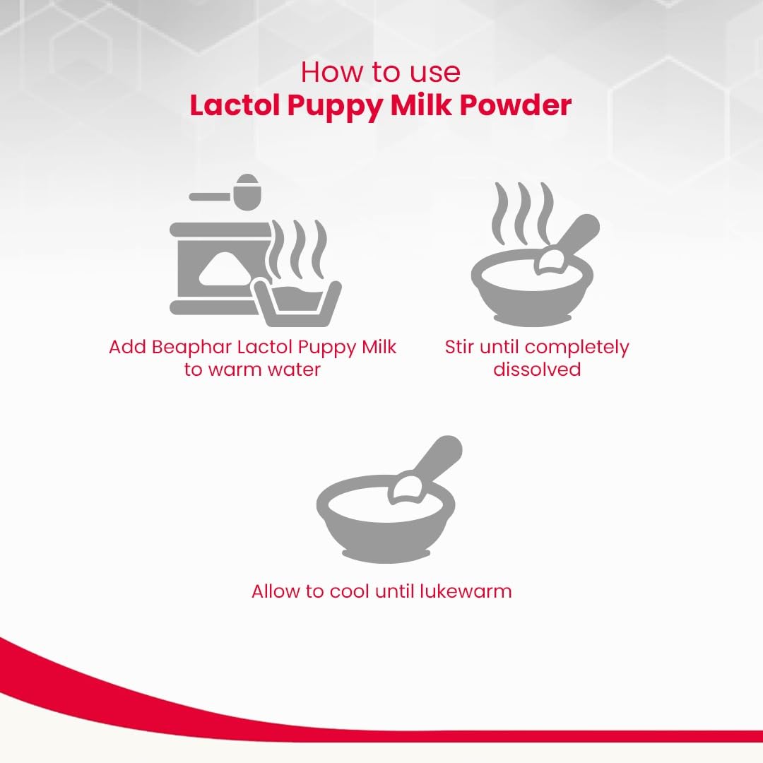 Instructions for using Lactol Puppy Milk Powder on a white background with gray icons.