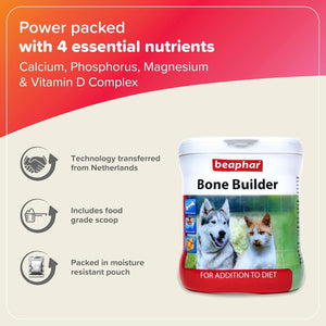 Beaphar Bone Builder dog supplement packaging with product details on a red and beige background