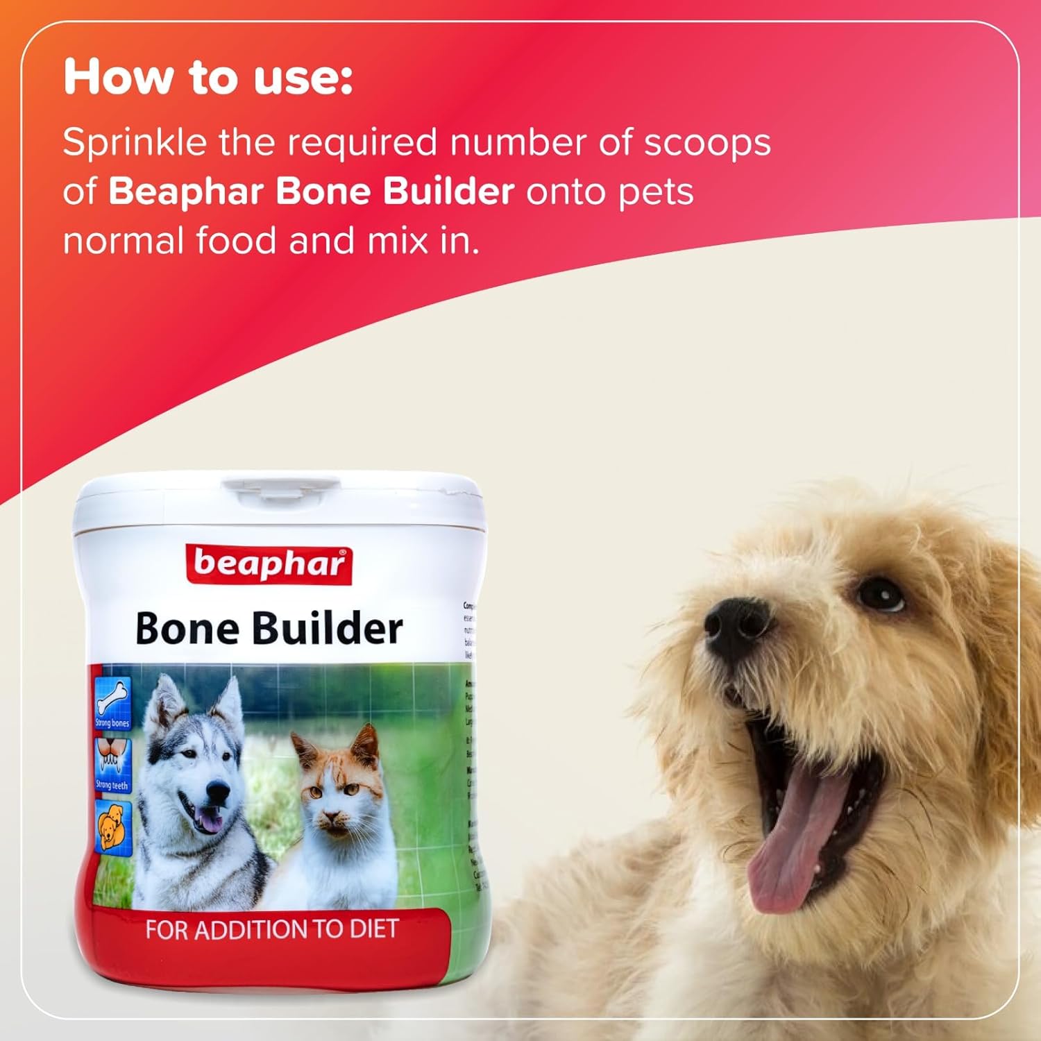 Beaphar Bone Builder supplement packaging with a dog and cat on a red and white background